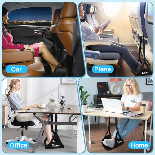 Yotako Airplane Foot Hammock-Removable Wide Bamboo Airplane Foot Rest with Extended Adjustment Strap, Desk Foot Hammock to Relax Your Feet Foot Sling Travel Essentials with Storage Pouch, Black