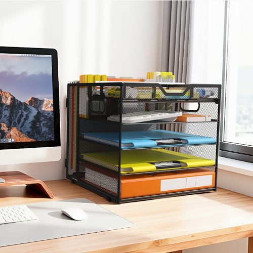 Docnest 5 Tier Desk Organizer with Hanging File Folder Holder&Tray, Black - color: Black, size: 12.6" x 11.8" x 10.3"
