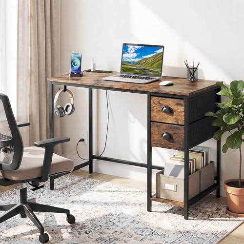 GIANTEX Computer Desk with Charging Station, 38" Home Office Desk w/ 2 Fabric Drawers, Storage Shelf & Headphone Hook, Industrial Study Work PC Table, Writing Desk for Small Spaces (Rustic Brown) - color: Rustic Brown