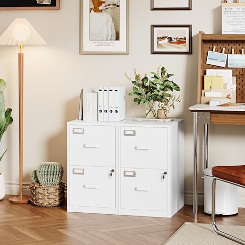 PEUKC 2 Drawer File Cabinet with Lock, 25.4" High Vertical Filing Cabinet, 17.7" Deep Metal Storage Cabinets for Home Office, Letter/Legal/A4/F4 Size, White(Assemble Required) - color: White, size: 25.4"H