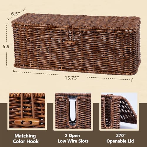 Cable Management Box, Cord Organizer with Lid & Cable Ties - Brown, L | Handmade Open Slots Cord Hider Outlet Covers for Power Strip TV PC Router Charger Under Desk Storage - color: Brown, size: L