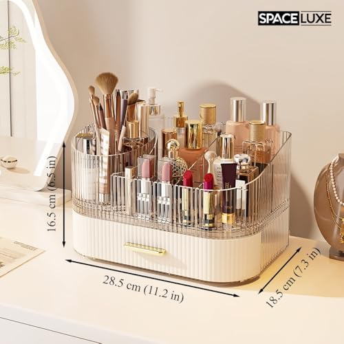 Makeup Organizer with Drawers, 360° Rotating Brush Holder | 2-Tier, Cosmetic storage for vanity, skincare, perfume, hair accessories, lipstick and jewelry, Cream White - color: Cream White, size: 2-layer