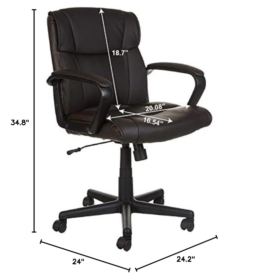 Amazon Basics Office Task Chair with Adjustable Height, 360° Swivel, Padded Armrests, Mid-Back, Rolling, 275 Pound Capacity, 24"D x 24.2"W x 34.8"H, BIFMA Certified, Dark Brown Faux Leather - color: Dark Brown