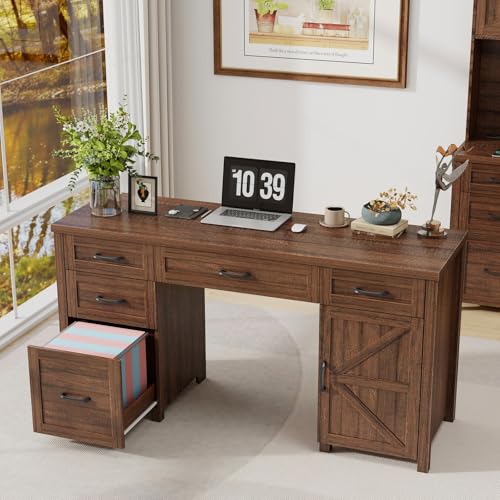 Vabches Farmhouse 61'' Rustic Office Desk with 5 Drawers(Red-Brown) - color: Red-brown, size: 61"W