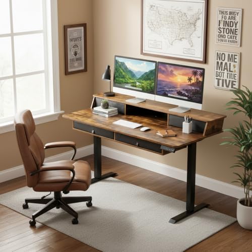 Tangkula 55-Inch Electric Standing Desk with 4 Storage Drawers & Monitor Stand, Height Adjustable Stand Up Desk with 3 Memory Heights & Hook, Anti-Collision Design, Ergonomic Sit Stand Computer Desk - color: Rustic Brown
