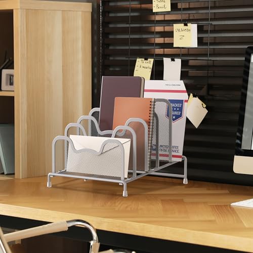 Simple Houseware Desk 5 Sections Step File Sorter Organizer, Silver - color: Silver