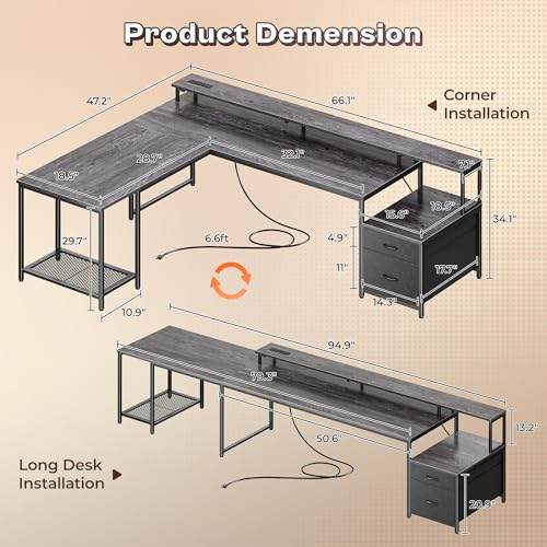 PRAISUN 66" L Shaped Gaming Desk with LED Lights & Power Outlets - color: Grey