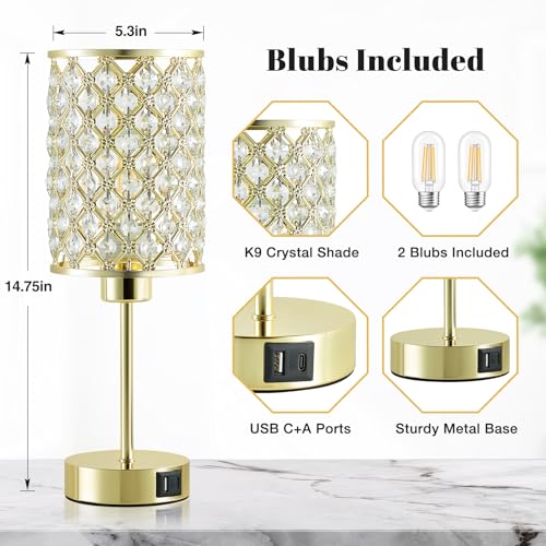 GyroVu Gold Crystal Bedside Table Lamps Set of 2 with USB C+A Ports - color: Gold-2, size: 14.75"