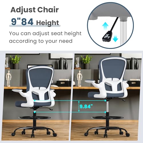 Drafting Chair, Tall Office Chair with Flip-up Armrests Executive Ergonomic Computer Standing Desk Chair, Office Drafting Chair with Lumbar Support and Adjustable Footrest Ring - color: Dark Grey