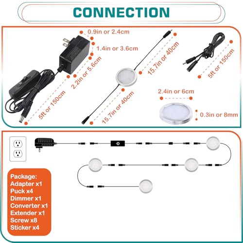 Under Cabinet LED Pucks AC120V Plug in, Touch Dimmer, 4 Lights, Warm white | Aluminum, Low Profile, Linkable Pucks, Dimmable, Easy Installation, Color Temp 2700K - color: 4 Lights,Warm white