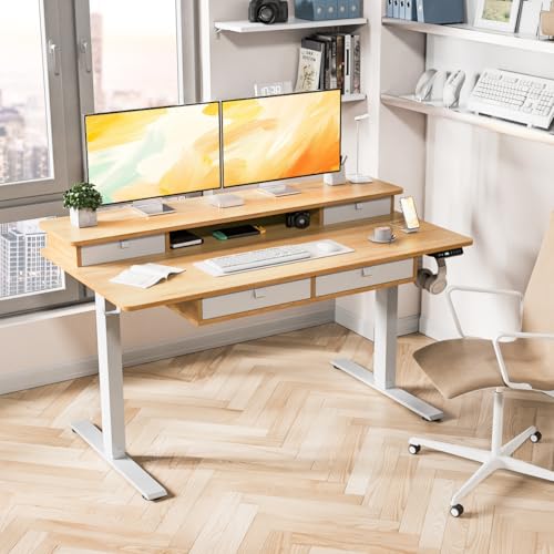 Kingant Electric Standing Desk with 4 Drawers, Height Adjustable 55"x 30" - color: Nature, size: 55" x 30"