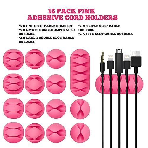 PERFORMORE 16 Pack of Cable Clips Cord Organizer, Pink Self-Adhesive Cord Holders for Cable Management, Multipurpose Wire Charger Organizer Clips for Home, Office, Car, and Desks