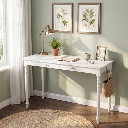 100% White Solid Wood Desk 47" Wooden Desk with 2 Drawers | Mid Century Modern Desk, Writing Desk Computer Table for Home, Office, Bedroom, Living Room - color: White, size: 47.2" x 21.7"