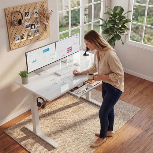 Furmax Glass Standing Desk with Drawers, Electric Adjustable Home Office Sit Stand Desk with One-Piece Desktop & USB Charging Port for Computer Desks - color: White Glass