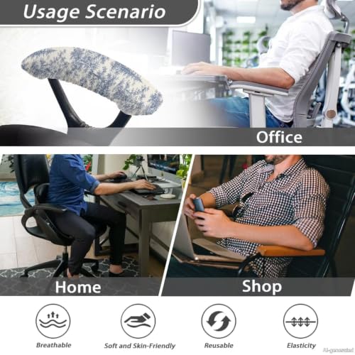 Office Chair Armrest Covers Set of 2, Toile de Jouy Printed Soft Stretch Chair Arm Covers, Removable Computer Chair Armrest Covers with Elastic Edge, Easy to Install, Home Decor - color: Blue and Beige - Toile De Jouy