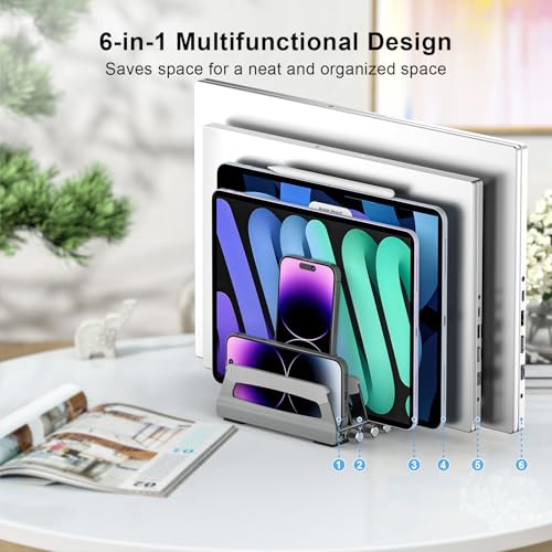 Elestoria 6-Slot Vertical Laptop Stand & Holder –Adjustable Aluminum Laptop Stand Vertical for Desk Fits 6 Devices, MacBook & Gaming Laptops (Up to 17.3”)–Space Saving Laptop Storage Rack - Grey - size: 6 - Slot