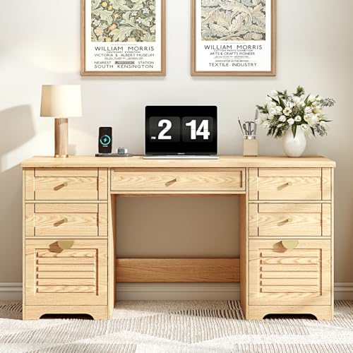 Ieejdn 59" Home Office Desks, Executive Desk, Farmhouse Computer Desk with 7 Drawers and Charging Station, File Drawer, Rustic Computer Writing Desk,Antique Wood - color: Wood, size: 59"