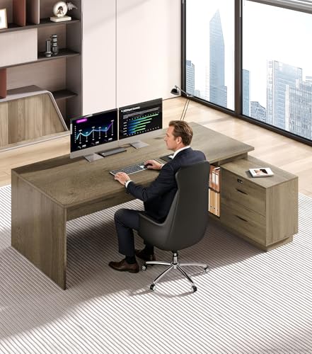 63" Reversible L-Shaped Executive Desk with Drawers, Compact Executive Office Desk with Storage Shelving, Built-in Outlets & USB Ports for Home, Office, Corporate, School (Tobacco Wood)
