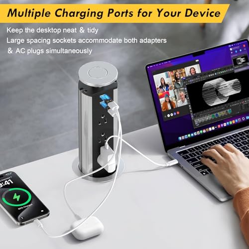 Pop up Outlet for Countertop, 3 AC Outlets & 2 USB-A, 3-1/4 Inch Silver | Recessed Power Strip, 2 USB-A Ports, 3 Sockets, for Desktop, Kitchen Countertop, Home Office - color: Silver