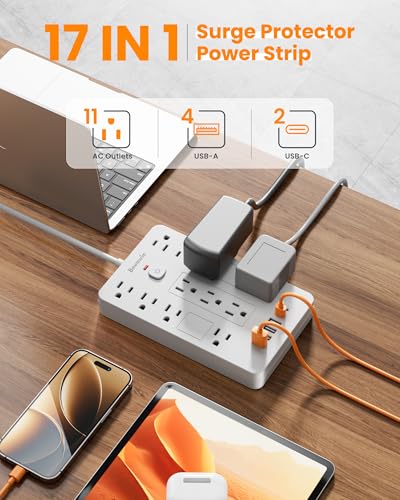 6FT Flat Plug Surge Protector Power Strip with 11 Outlets&6 USB Ports - color: White, size: 6 feet - 2 Pack