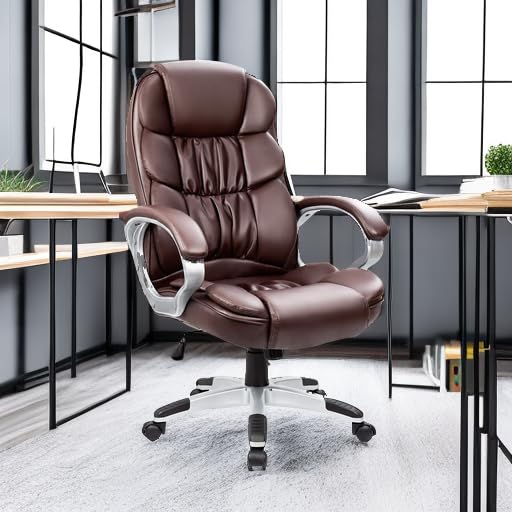 Homall Office Chair High Back Computer Chair Ergonomic Desk Chair, PU Leather Adjustable Height Modern Executive Swivel Task Chair with Padded Armrests and Lumbar Support (Brown) - color: Brown