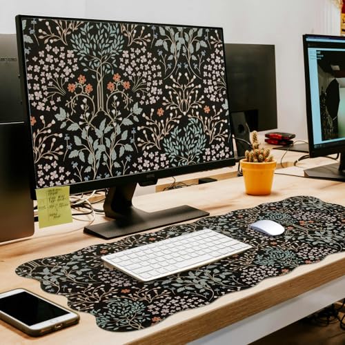 L-SPOUTTO Black Mouse Pad,Scalloped Desk Mat XXL Botanical Gaming Mousepad | 35.4x15.7in Large Non-Slip Base Keyboard Pad Waterproof Desktop Mat for Laptop Computer Game Home Office,Seamless Plants - color: Plants