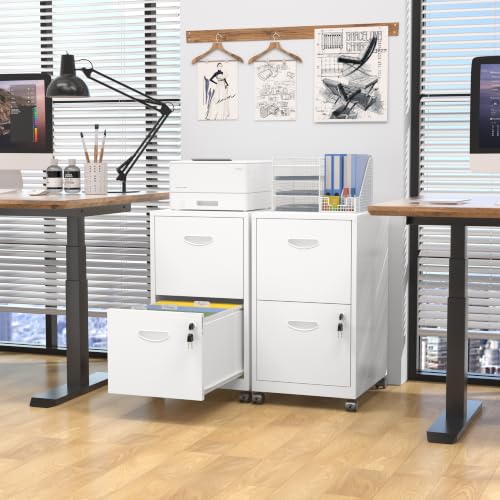 Metal 2 Drawer File Cabinet with Lock & Wheels for Office, White - color: White, style: 2 Drawers Mobile File Cabinet