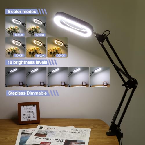 30X 12X Square Magnifying Glass with Light and Stand, Real Glass LED Lighted Magnifier, 5 Color Modes Stepless Dimmable, Hands-Free Mag Desk Lamp with Clamp for Reading Craft Hobby Close Work Black - color: Black, size: 30X 12X Base