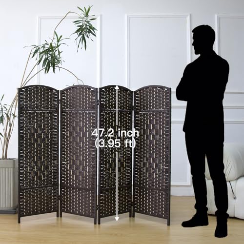 Compact 4 Panel Short Room Divider, 47.2 Inch Tall Double-Sided Rattan Folding Privacy Screen for Home & Office,Dark Brown - color: Dark Brown, size: 4 Panel
