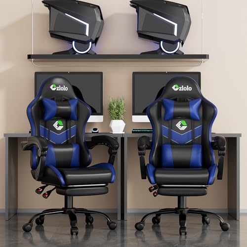 Czlolo Gaming Chair with Footrest Racing Style Lumbar Support Massager Video Game Chair with Metal Legs, High Back Gamer Chair with Headrest, 360° Swivel Office Computer Desk Chair, Navy Blue - color: Navy Blue
