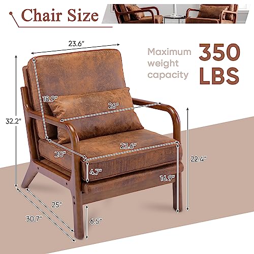 Mid Century Modern Accent Chair Set of 2 Living Room- Comfy Solid Wood Arm Chair with Lumber Pillow Lounge Decorative Brown Leather Office Side Chair Bedroom Reading Nook Sillas De Sala Microfiber - color: Coffee, size: Set of 2
