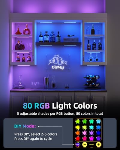 EZVALO 80RGB Color Changing Under Cabinet Lighting, Led Shelf Lights | Wireless, Rechageable, Magnetic, Remote Control, Color Changing, Diammble, DIY Mode, 1800mAh Battery, Memory Function