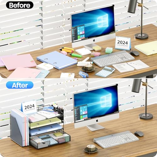 OPNICE Desk Organizer, 4-Tier Desktop File Organizer with Drawer and Pen Holders, Office Desk Accessories, File Sorters, Workspace Organizers for Office Supplies(Black) - color: Black, size: 4T