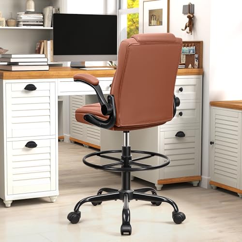 Drafting Chair, Tall Office Chair for Standing Desk, High Executive Leather Ergonomic Computer Chair with Adjustable Height and Flip-Up Armrest for Counter Height Desk, Brown, Pack of 1 - color: Brown