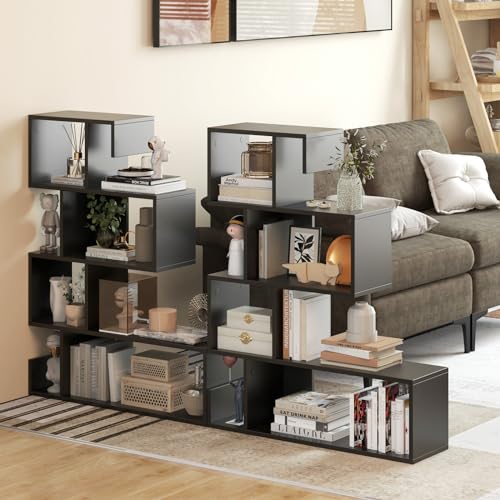 Tangkula S-Shaped Bookshelf, 5-Tier Modern Geometric Stepped Bookcase - color: Black