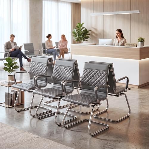HNY Set of 2 PU Leather Office Guest Chairs, Grey - color: Grey