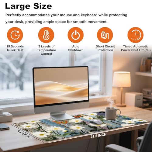 Heated Desk Pad 31.5" x 13" 3 Large Heated Mouse Pad with Heat Levels (40°C/45°C/50°C) & 3H Auto Shut-Off Desk Mat Fast Heating PU Leather Warmer Mousepad for Home Office - Floral Flower Butterflies - color: Floral Flower Butterflies, size: 31.5 x 13 inch