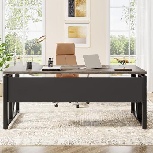 Tribesigns 63" Executive Desk with Reversible File Cabinet, Large L-Shaped Office Desk with Drawers, Business Furniture Workstation for Home Office (Dark Oak, 63-inch) - color: Light Grey