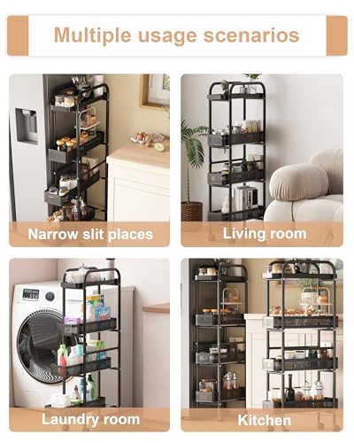 UMDONX 4-Tier Narrow Mobile Storage Cart with Pull-Out Baskets - color: Black, size: 4 Tier