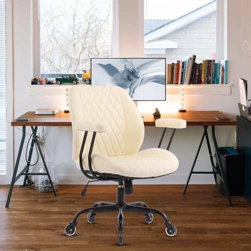 YFO Home Office Desk Chair Office Rubber Casters Ergonomic Computer Chair with Lumbar Support Adjustable Height Rolling Swivel Executive Task Armrests Chair, Cream Leather - color: Cream, size: Mid Back