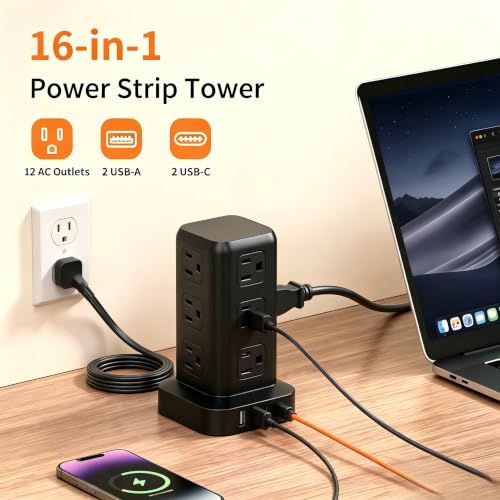 Extension Cord with Multiple Outlets, SMALLRT Flat Plug Power Strip Tower with USB 12 AC Outlets, 6.5FT Ultra Thin Extension Cord Outlet Extender for Home Office, Black - color: Jet Black, size: 6.5 Ft without wireless charging