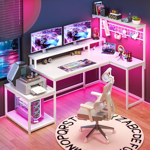 EnHomee 63" L Shaped Gaming Desk with LED Lights & Power Outlets,White - color: White, size: 63"W