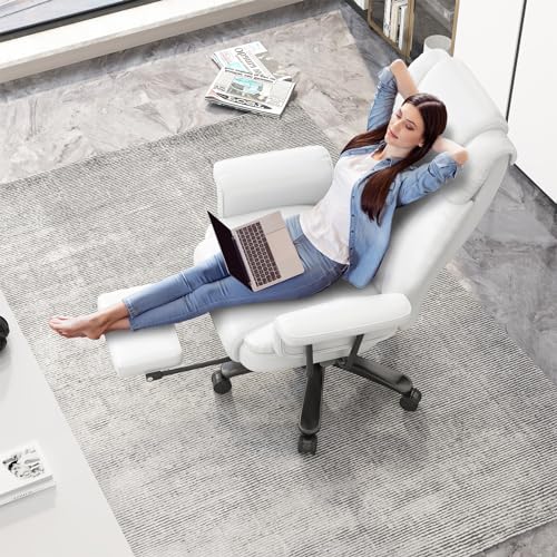 GYI 160 Reclining Office Chair with Footrest, Big & Tall Desk Chair, White | Cross Legged Seat, High Back, Faux Leather, Heavy Duty Base, Adjustable Height, for Home, Executive - color: White