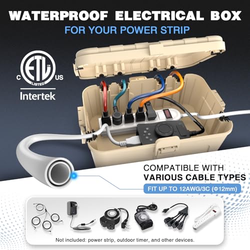 Flemoon Large Outdoor Electrical Box, Waterproof Extension Cord Cover | Inner Size 12 x 7.4 x 3.9Inch, 6 Cable Entry Ports, IP54 Weatherproof Connection Box for Outlet, Timer, Holiday Light, Alomnd - color: Almond, size: Large