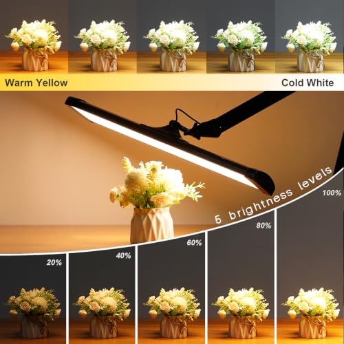 24-Inch LED Architect Desk Lamp with Clamp, 30W 2300LM, Black CCT | 360 SMD LEDs deliver flicker-free lighting with 5 color modes, 5 brightness levels, and reinforced dual metal arms - color: Black, size: CCT