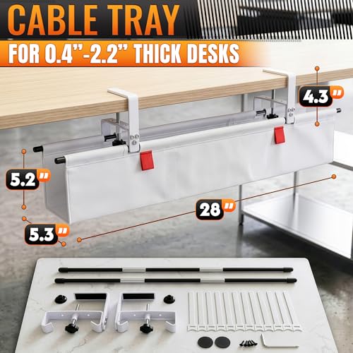 Under Desk Cable Management Tray 28" — No Drill Clamp-On Cord Organizer for Desk with Built-in Ties, Heavy Duty Metal Clamp, Foldable 600D Oxford Fabric for Home Office, WFH & Gaming PC Setup (White) - color: White