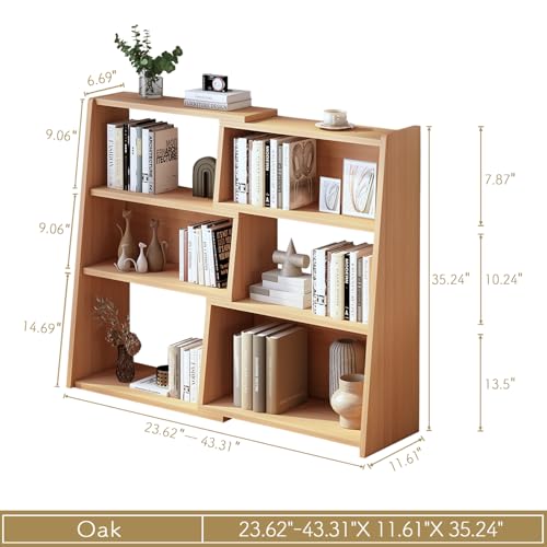 IOTXY Wooden Extendable Shelf Bookcase, 3-Tier Low Bookshelf, Oak, S | Adjustable Two-piece Design, 6 Open Cubbies, Extends 23.6"-43.3" for Straight Walls, Corners, and Small Spaces - color: Oak, size: Small