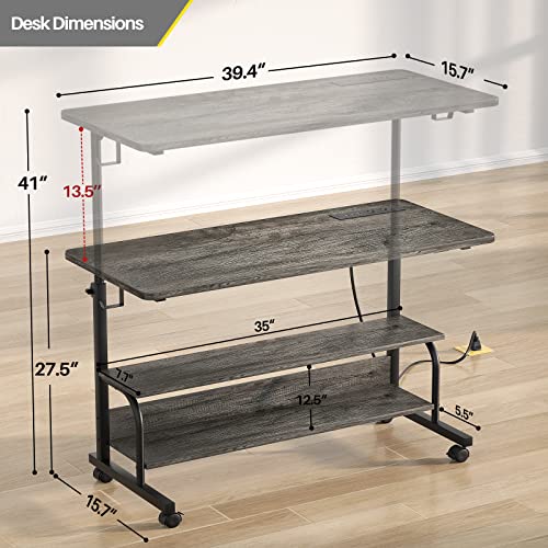 Armocity 39" Rolling Standing Desk with Charging Station for Couch Bed - color: Grey Oak, size: 39''
