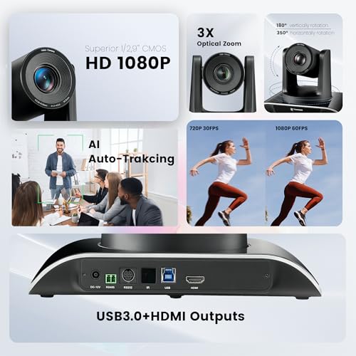 TONGVEO All-in-One Conference Room Video Camera System Al Auto-Tracking HD1080P 60fps 3X Optical Zoom USB3.0 HDMI PTZ Camera and Bluetooth Conference Speakerphone with Microphones - color: Black