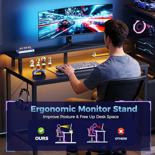 52" Reversible Gaming Desk with LED Lights Power Outlets, Black | Computer Desk with Drawers Can be Used to Store Odds and Handles, Elevated PC Stand To Help You Showcase Your DIY Cases. - color: Black, size: 53 In